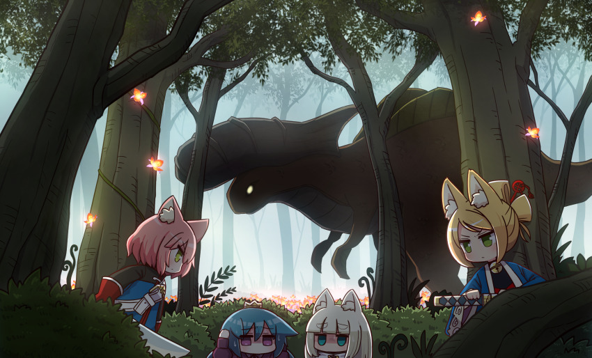 4girls 7th_dragon 7th_dragon_(series) animal_ear_fluff animal_ears arms_up bell belt belt_buckle black_bodysuit blonde_hair blue_hair blue_jacket bodysuit buckle cat_ears commentary_request crown day fighter_(7th_dragon) floro_(7th_dragon) forest green_eyes hair_between_eyes hands_on_own_head harukara_(7th_dragon) highres holding holding_sword holding_weapon ikurakun_(7th_dragon) jacket jingle_bell katana long_sleeves low_twintails mage_(7th_dragon) mini_crown momomeno_(7th_dragon) monster multiple_girls naga_u namuna_(7th_dragon) nature open_clothes open_jacket outdoors pink_hair princess_(7th_dragon) puffy_long_sleeves puffy_sleeves purple_eyes purple_jacket samurai_(7th_dragon) samurai_(7th_dragon) shaded_face short_eyebrows sword thick_eyebrows tree twintails weapon white_belt white_hair