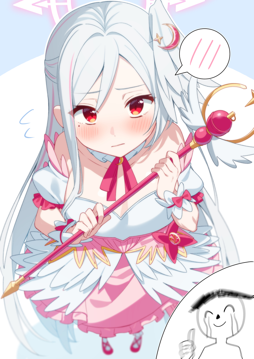 1girl 85neko absurdres alternate_breast_size_(larger) blue_archive breasts bustier chinese_clothes cleavage commentary_request detached_collar detached_sleeves doodle_sensei_(blue_archive) dress fake_wings foreshortening hair_between_eyes hanfu head_wings highres holding holding_wand large_breasts long_hair looking_at_viewer magical_girl mole mole_under_eye nervous pink_dress red_eyes sensei_(blue_archive) single_head_wing sleeves_past_wrists spoken_blush suzumi_(blue_archive) suzumi_(magical)_(blue_archive) underbust very_long_hair wand white_hair white_hanfu wings