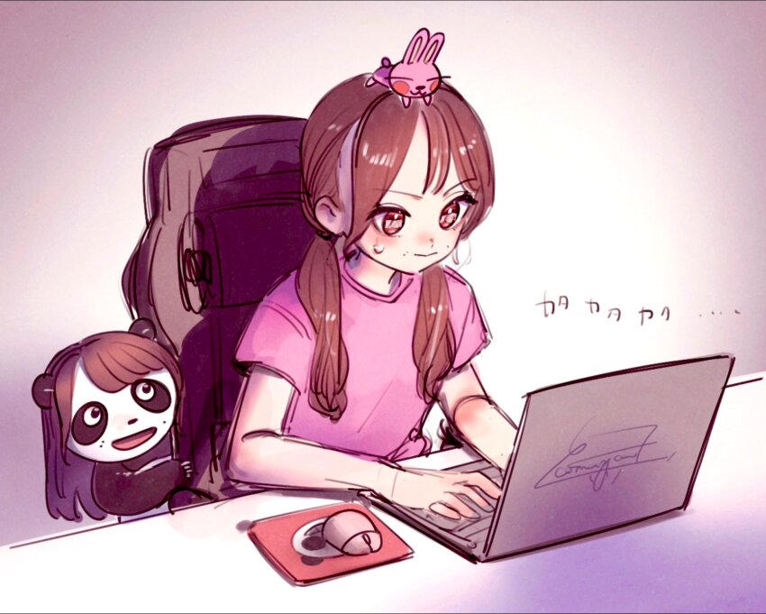1girl :3 =_= actor animal animal_on_head animalization artist_name blush brown_eyes brown_hair chair closed_eyes closed_mouth commentary_request computer computer_keyboard computer_mouse eye_reflection gradient_background grey_background hand_up hands_up highres komuzuka laptop long_hair looking_at_another looking_at_object looking_at_screen low_twintails mole mole_above_mouth mousepad_(object) nakamura_yukari_(voice_actor) on_chair on_head open_mouth panda person_and_animalization pink_shirt rabbit rabbit_on_head real_life reflection shirt short_sleeves signature sitting sweatdrop table translated twintails upper_body v-shaped_eyebrows white_background