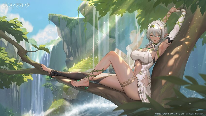 1boy 1girl adjutant_(snowbreak) arm_strap arms_up bangle black_gloves black_hair blue_sky blush bracelet branch breasts brown_hair caustics cleavage cliff clothing_cutout cloud cloudy_sky dappled_sunlight dark-skinned_female dark_skin dress elbow_gloves elf eyebrows_hidden_by_hair foliage from_side full_body gloves gold greco-roman_clothes green_eyes grey_hair hair_between_eyes hair_ornament highres hip_vent jewelry knee_up landscape large_breasts leaf leaf_hair_ornament leg_up legs light_rays looking_to_the_side midriff multicolored_hair navel navel_cutout nita_(snowbreak) nita_-_pulse_(sylvan_spirit) off-shoulder_dress off_shoulder official_alternate_costume official_alternate_hairstyle official_art on_tree open_mouth outdoors pointy_ears reflection reflective_water short_hair_with_long_locks sideboob sidelocks single_glove sitting sitting_on_branch sky snowbreak:_containment_zone streaked_hair stretching stuffed_toy sunlight teeth thigh_strap thighs toenails toes toned tongue tree tree_shade variations water water_drop waterfall white_dress