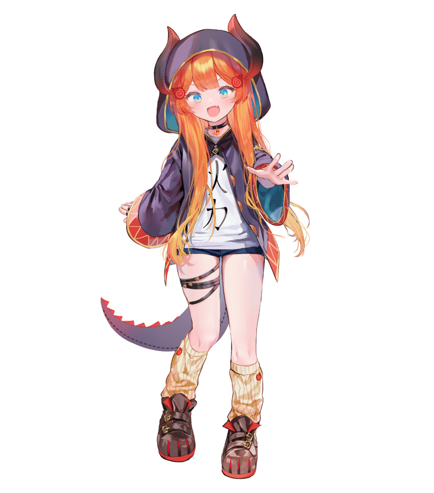 1girl :d black_choker black_shoes blonde_hair blue_eyes blue_shorts blush center-flap_bangs choker double-parted_bangs fake_horns fake_tail fang full_body gem gradient_hair hair_ornament hair_over_shoulder head_tilt highres hitsugi_miki hood hood_up hooded_robe horned_hood horns kneehighs long_hair long_sleeves looking_at_viewer loose_socks miki_hitsugi multicolored_hair official_art open_clothes open_mouth open_robe orange_hair outstretched_arm pendant_choker print_shirt purple_robe reaching reaching_towards_viewer red_gemstone red_trim robe shirt shoes short_shorts shorts simple_background skin_fang skindentation smile socks solo specialite_(company) specialite_en standing standing_on_one_leg straight-on tail thick_eyelashes thigh_gap thigh_strap transparent_background two-sided_fabric two-sided_robe v-shaped_eyebrows virtual_youtuber white_shirt wide_sleeves y_o_u_k_a yellow_socks ||/