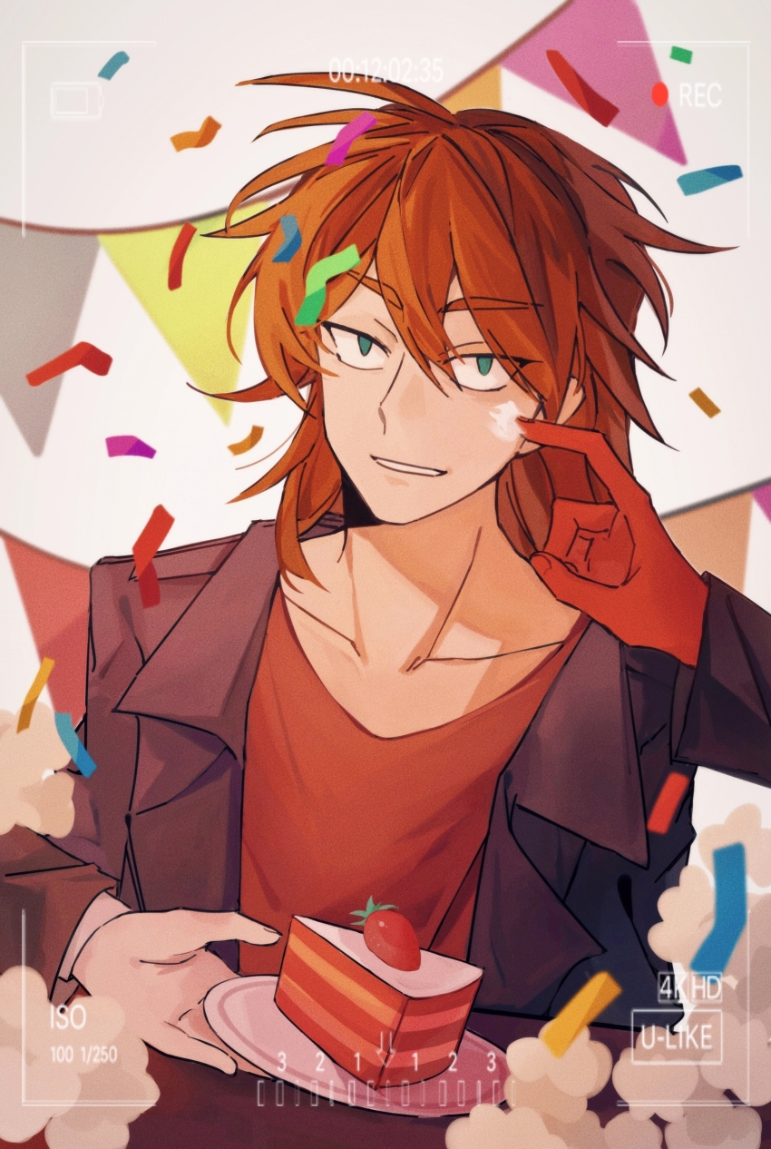 3boys absurdres atou_haruki black_jacket brown_hair bunting cake cake_slice chinese_commentary collarbone commentary_request confetti eyes_visible_through_hair film_grain finger_to_another&#039;s_cheek food green_eyes hair_between_eyes harada_minoru highres icing isoi_reiji jacket lapels long_hair long_sleeves male_focus multiple_boys notched_lapels open_clothes open_jacket out_of_frame recording red_shirt saibou_shinkyoku sanpaku shikira_(shikira753) shirt smile strawberry_shortcake