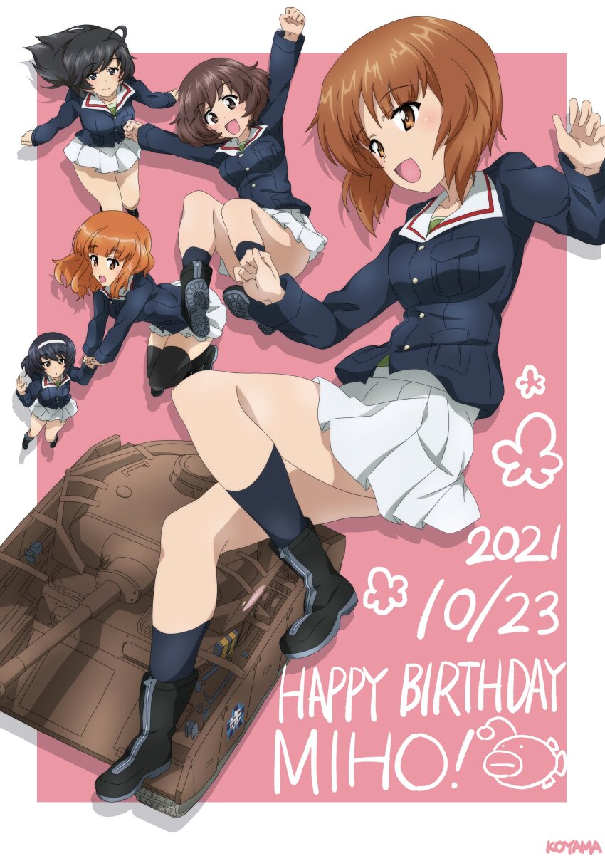 5girls 9s0ykoyama117 absurdres anglerfish border dated english_text fish girls_und_panzer highres looking_at_viewer military_vehicle motor_vehicle multiple_girls nishizumi_miho panzer_iv pink_background tank white_border