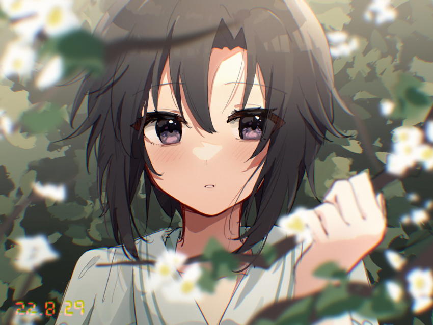 1girl absurdres birthday black_eyes black_hair blurry blurry_foreground blush branch bush close-up commentary dated depth_of_field foliage hair_between_eyes hair_strand highres holding holding_branch idolmaster idolmaster_(classic) kikuchi_makoto looking_away nnnn parted_lips portrait segment_display shirt short_hair solo white_shirt