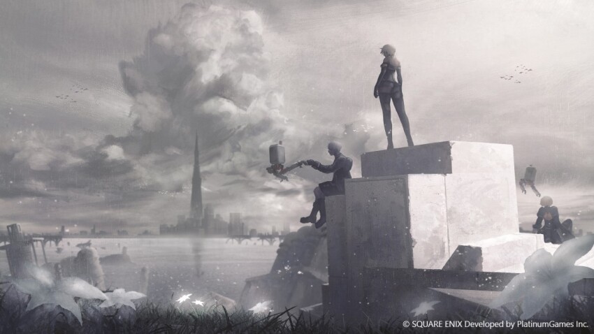 1boy 2b_(nier:automata) 2girls 9s_(nier:automata) a2_(nier:automata) cloud cumulonimbus_cloud grass greyscale monochrome multiple_girls nier:automata nier_(series) official_art pod_(nier:automata) robot ruins sasaya_yukiya scenery short_hair sitting standing water