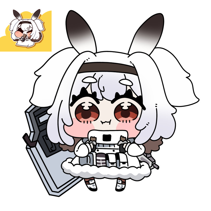 1girl 252_eyo alvis_(last_origin) ballistic_shield bandolier belt blush_stickers brown_eyes candy chibi chibi_only chocolate chocolate_bar coat eating food gloves hairband highres holding holding_chocolate holding_food last_origin looking_at_viewer shield simple_background solo solo_focus two_side_up white_hair winter_clothes winter_coat