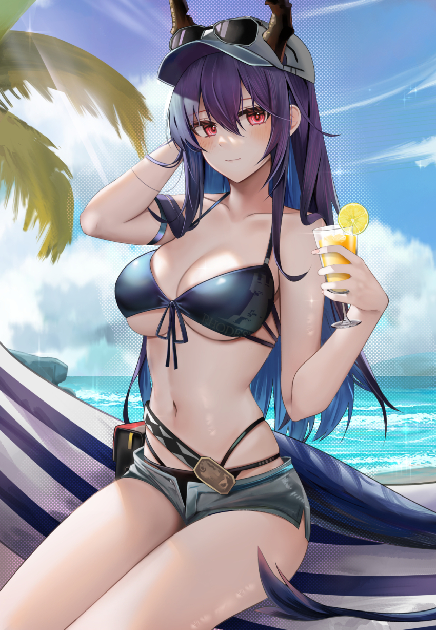 1girl arknights arm_strap arm_up bare_arms bare_shoulders baseball_cap belt bikini black_bikini blue_hair blue_sky breasts ch&#039;en_(arknights) ch&#039;en_the_holungday_(arknights) ch&#039;en_the_holungday_(elite_ii)_(arknights) chinese_commentary cleavage closed_mouth clothes_writing cloud collarbone colored_inner_hair commentary_request cup day dragon_girl dragon_horns dragon_tail drink drinking_glass elite_ii_(arknights) eyewear_on_headwear food front-tie_bikini_top front-tie_top fruit grey_hat grey_shorts halterneck hammock hand_in_own_hair hat highres holding holding_cup horns large_breasts lemon lemon_slice looking_at_viewer micro_shorts multi-strapped_bikini multicolored_hair navel ocean official_alternate_costume open_fly outdoors palm_tree purple_hair red_eyes revision rhodes_island_logo_(arknights) ru_zhai short_shorts shorts sitting skindentation sky solo sparkle stomach string_bikini sunglasses swimsuit tail thighs tree