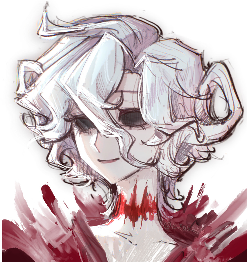 1girl beijingban18388 black_eyes blood blood_on_neck chinese_commentary closed_mouth commentary_request hair_between_eyes highres identity_v long_bangs mary_(identity_v) portrait red_lips short_hair simple_background smile solo white_background white_hair