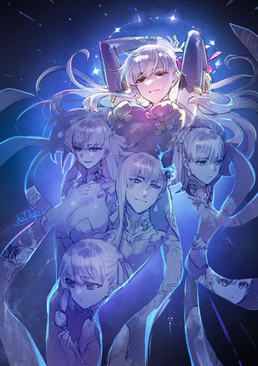 3boys 3girls absurdres armlet armor armpits arms_up bare_shoulders bikini_armor bracelet breasts collar detached_sleeves dress earrings fate/grand_order fate_(series) genderswap genderswap_(ftm) hair_ribbon highres jewelry kama_(fate) kama_(first_ascension)_(fate) kama_(male)_(fate) kama_(second_ascension)_(fate) kama_(third_ascension)_(fate) large_breasts long_hair looking_at_viewer metal_collar multiple_boys multiple_girls multiple_persona purple_dress purple_sleeves red_eyes redrop ribbon ring short_hair small_breasts white_hair