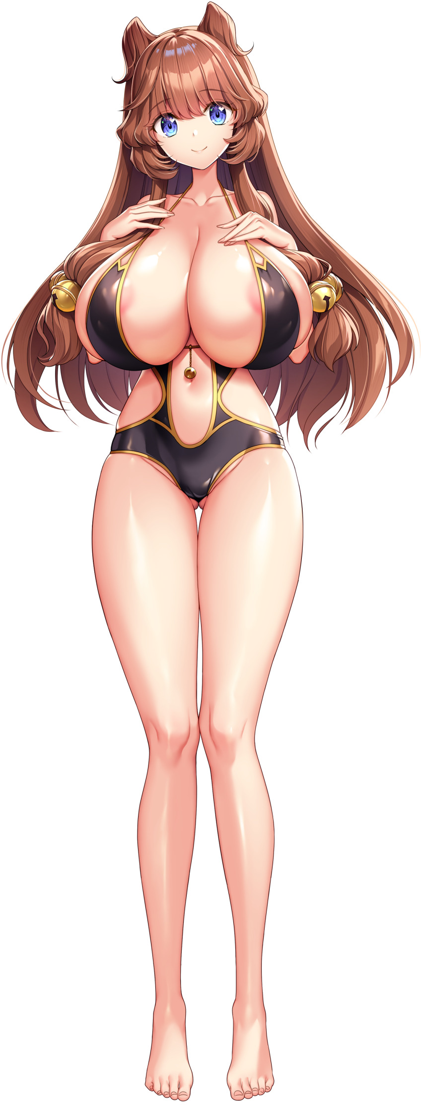 1girl absurdres akagi_rio areola_slip barefoot bell black_one-piece_swimsuit blue_eyes breasts brown_hair cleavage clothing_cutout double_bun eibel_haurisia full_body game_cg gluteal_fold hair_bell hair_bun hair_ornament hands_on_own_chest highres huge_breasts long_hair long_sidelocks looking_at_viewer low-tied_sidelocks milk_factory motto!_haramase!_honoo_no_oppai_isekai_oppai_maid_gakuen! navel non-web_source official_art one-piece_swimsuit sidelocks smile solo sprite standing swimsuit tachi-e transparent_background