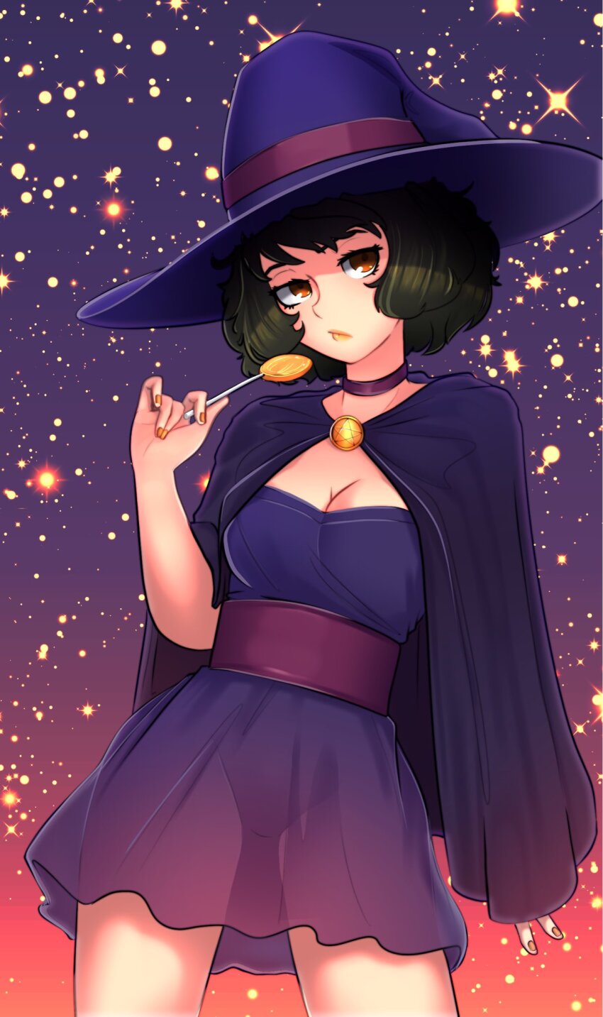 1girl black_hair blysill brown_eyes candy cape choker closed_mouth commentary cowboy_shot dress english_commentary food gradient_background hand_up hat highres holding holding_candy holding_food holding_lollipop kawakami_sadayo large_hat lollipop looking_at_viewer orange_nails persona persona_5 purple_background purple_cape purple_choker purple_dress purple_hat purple_sash sash see-through_clothes see-through_dress short_hair solo standing star_(sky) starry_sky_background witch_hat