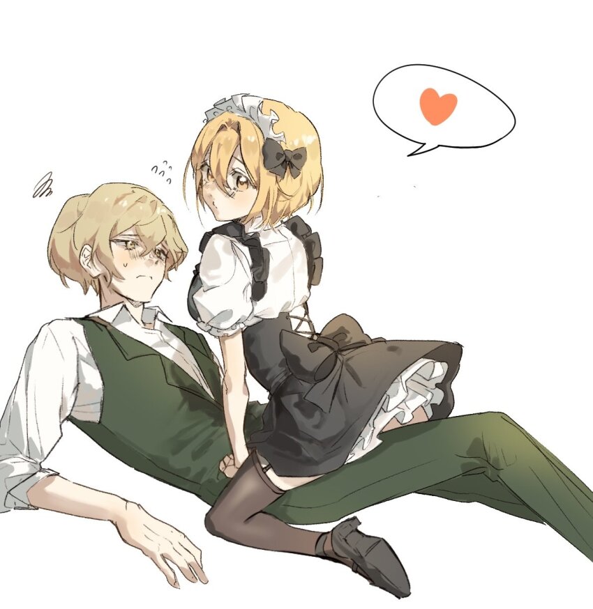 1boy 1girl alternate_costume apron black_pantyhose blonde_hair collared_shirt couple don_quixote_(project_moon) enmaided flying_sweatdrops frills full_body green_vest heart hetero highres limbus_company lying maid maid_apron maid_headdress on_back pantyhose project_moon shirt short_hair simple_background sinclair_(project_moon) sitting sitting_on_person spoken_heart sweat swirl u3u_sinclair vest white_background white_shirt yellow_eyes