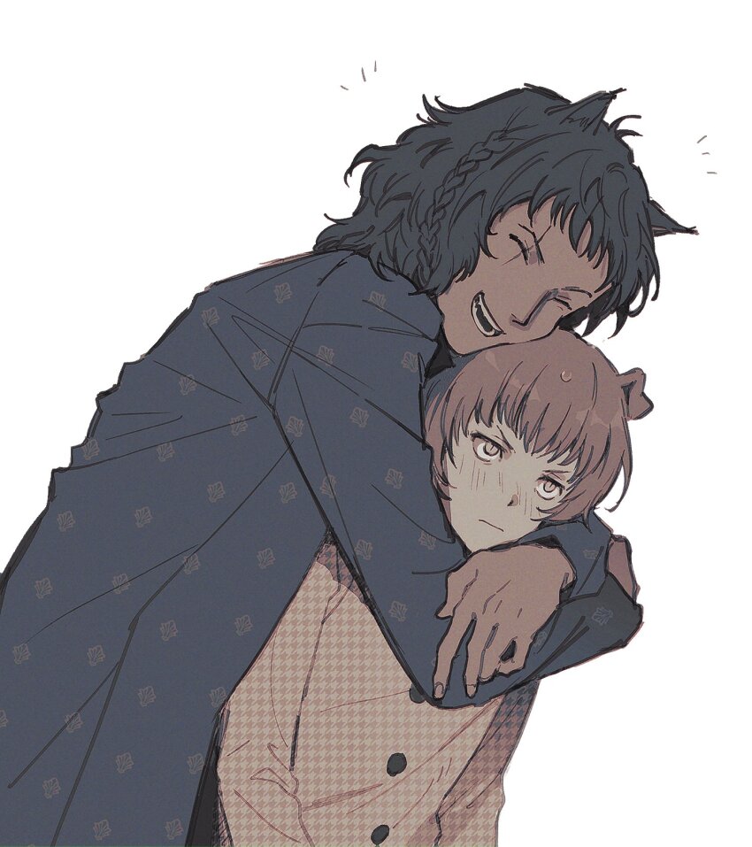 2boys :| animal_ears arms_around_neck basilio_(metaphor:_refantazio) black_coat blush braid brothers buttons closed_eyes closed_mouth coat commentary dark-skinned_male dark_skin english_commentary fidelio_(metaphor:_refantazio) folded_ear highres houndstooth hug leaning_on_person long_sleeves male_focus medium_hair metaphor:_refantazio multiple_boys open_mouth patterned_clothing scar scar_across_eye scar_on_face siblings side_braid simple_background single_braid slit_pupils sophie_(693432) teeth upper_body white_background