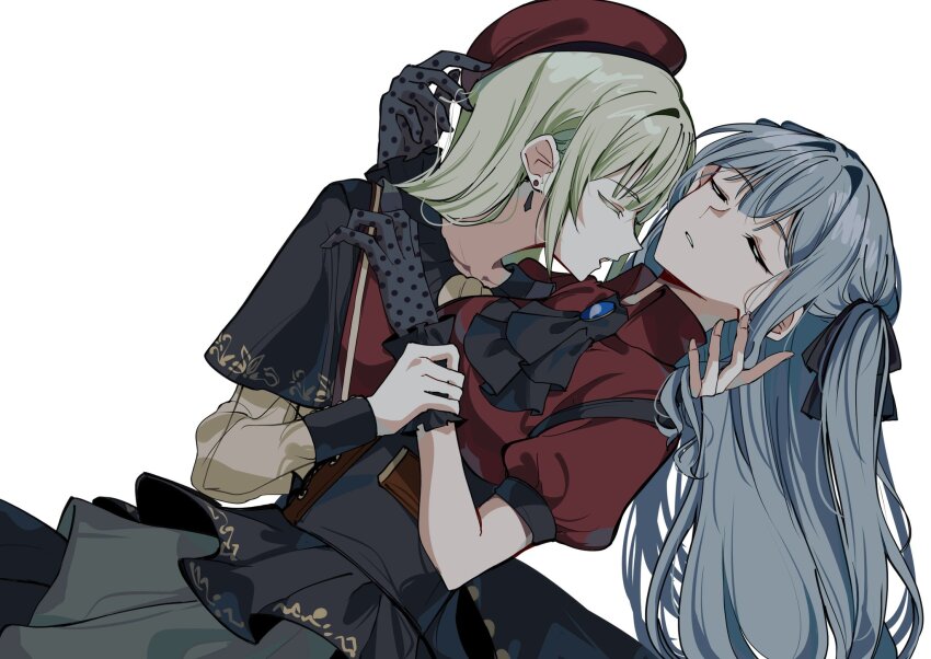 2girls ascot bang_dream! bang_dream!_it&#039;s_mygo!!!!! black_ascot black_capelet black_gloves black_ribbon black_skirt blue_brooch bucishiro capelet closed_eyes collared_shirt commentary_request earrings gloves green_hair hair_ribbon hand_in_another&#039;s_hair highres holding_another&#039;s_wrist jewelry long_hair looking_at_another mortis_(bang_dream!) mortis_(costume)_(bang_dream!) multiple_girls oblivionis_(bang_dream!) open_mouth parted_lips red_shirt ribbon see-through_clothes see-through_sleeves shirt short_sleeves simple_background skirt togawa_sakiko two_side_up wakaba_mutsumi white_background yuri