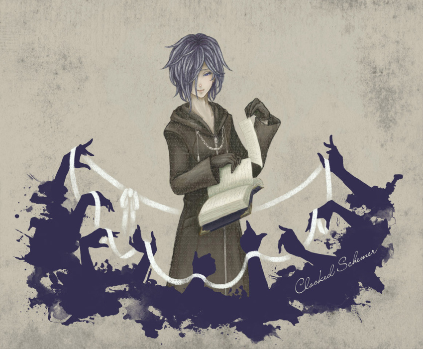 1boy bad_id bad_pixiv_id black_coat_(kingdom_hearts) blue_eyes blue_hair book cloak gloves hair_over_one_eye kingdom_hearts male_focus matching_hair/eyes seimoku solo zexion