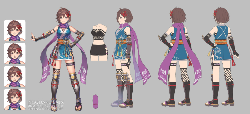 1girl ahoge anbe_yoshirou angry armor armored_boots artist_name azami_(saga) bare_shoulders bike_shorts black_bra black_shorts black_socks blue_kimono boots bra breasts brown_eyes brown_hair brown_sandals butterfly_hair_ornament clenched_hand closed_mouth commentary_request copyright_notice fishnet_thighhighs fishnet_top fishnets full_body gauntlets gloves grey_background hair_ornament hand_on_own_hip highres japanese_clothes kimono kneehighs kuji-in kunai multiple_expressions navel ninja obi obijime official_art open_mouth partially_fingerless_gloves platform_sandals purple_scarf reference_sheet romancing_saga_2 saga sandals sash scarf shin_guards short_hair short_kimono shorts single_thighhigh smile socks standing stomach surprised thigh_strap thighhighs toeless_legwear underwear weapon worried