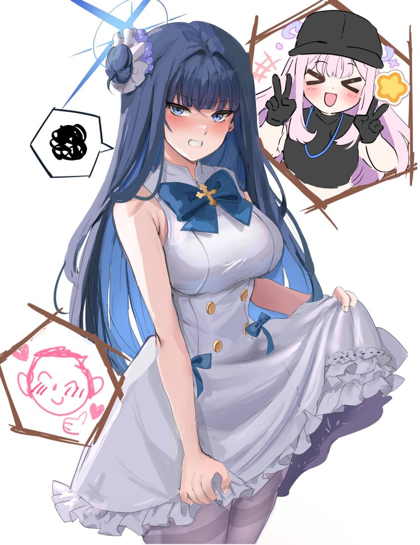 &gt;_&lt; 1boy 2girls :d baseball_cap black_gloves black_headwear blue_archive blue_bow blue_eyes blue_hair blush bow clenched_teeth clothes_lift cosplay costume_switch doodle_sensei_(blue_archive) double_v dress gloves hair_bun halo hat highres hinaumma lifting_own_clothes mika_(blue_archive) mika_(blue_archive)_(cosplay) multiple_girls open_mouth pink_hair saori_(blue_archive) saori_(blue_archive)_(cosplay) sensei_(blue_archive) single_hair_bun skirt skirt_lift sleeveless sleeveless_dress smile speech_bubble teeth thumbs_up v xd