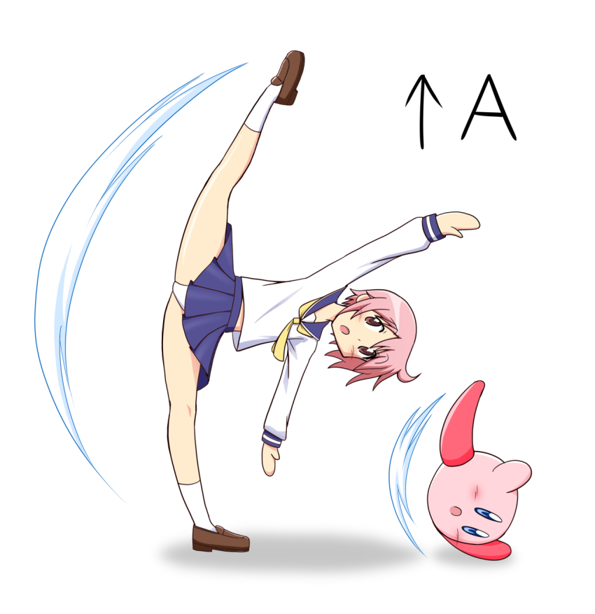 1girl blush highres kirby kirby_(series) men_(artist) nintendo nonohara_yuzuko panties pink_hair red_eyes school_uniform skirt underwear white_panties yuyushiki