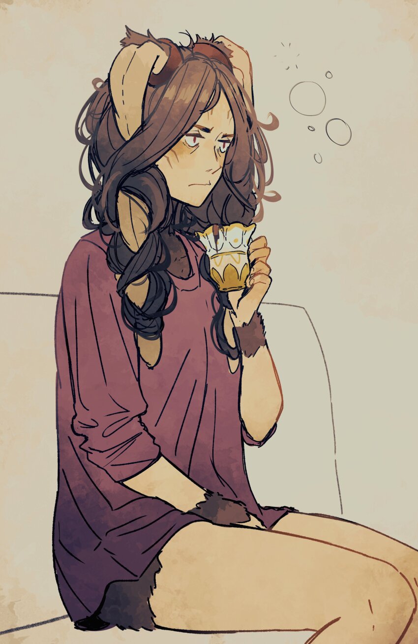 1girl absurdres alternate_costume animal_ears bags_under_eyes black_hair closed_mouth commentary couch cup english_commentary fire_emblem fire_emblem_awakening grey_background hair_around_ear highres holding holding_cup long_hair nintendo on_couch panne_(fire_emblem) purple_shirt shirt simple_background sitting solo spindle_(aidenr0) taguel teacup