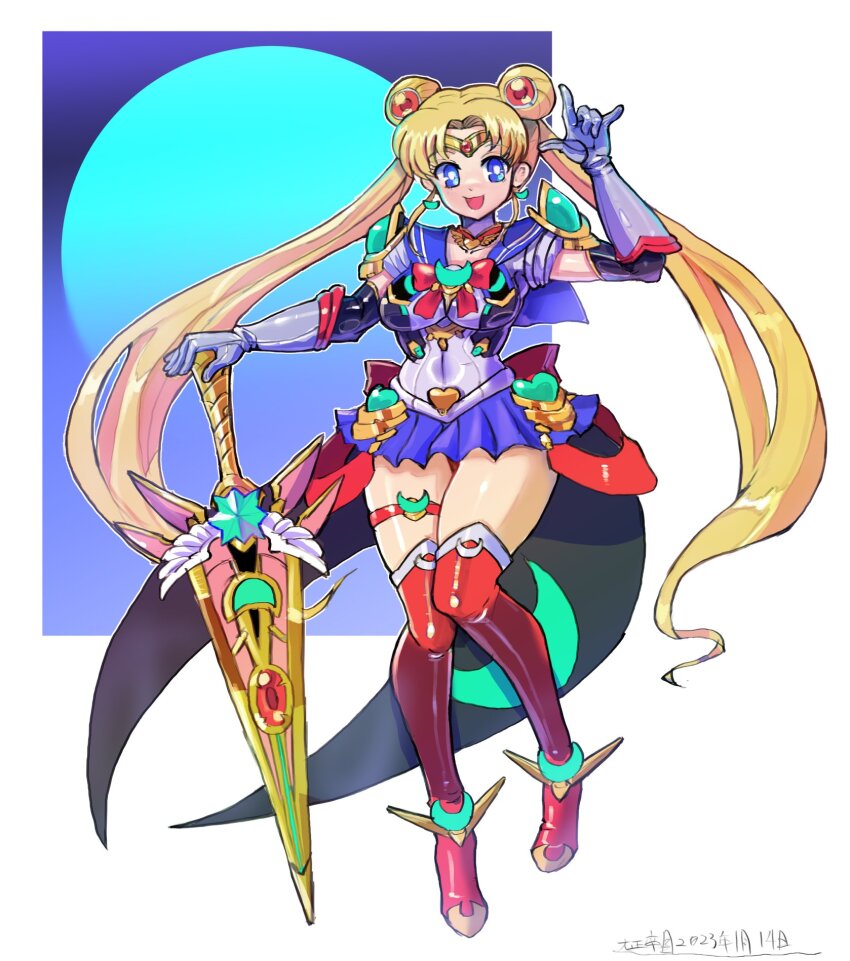 1girl bishoujo_senshi_sailor_moon blade blonde_hair blue_eyes boots breasts crossover elbow_gloves gloves highres long_hair magical_girl medium_breasts microskirt navel_indentation oomasa_teikoku panties red_boots red_legwear sailor_moon sailor_uniform shiny_clothes shiny_skin short_sleeves skirt solo thigh_boots thigh_strap thighhighs tiara tsukino_usagi twintails underwear very_long_hair xenoblade_chronicles_(series) xenoblade_chronicles_2
