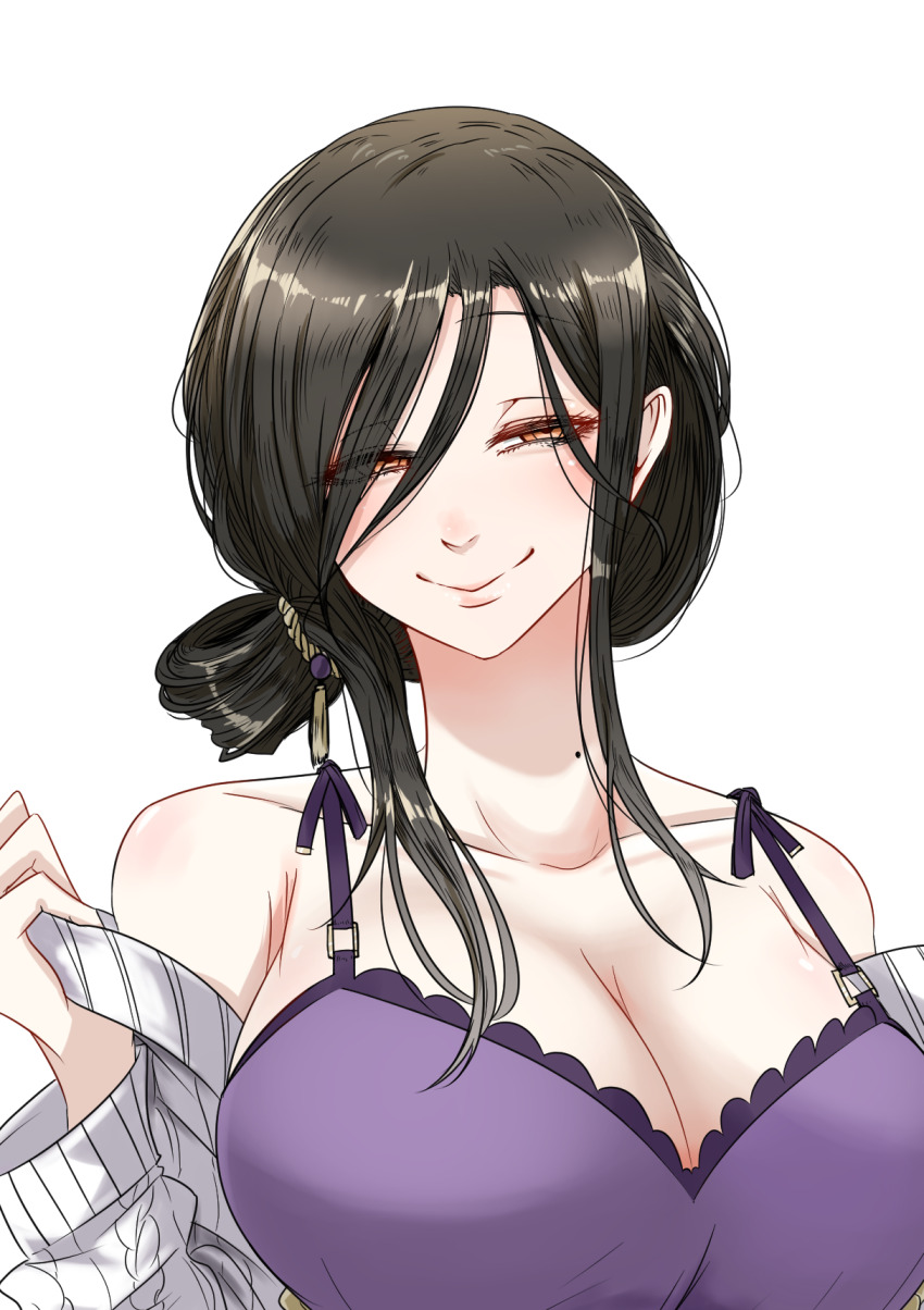 1girl babydoll black_hair blush breasts camisole cleavage collarbone frilled_babydoll frills highres jacket large_breasts lingerie long_hair looking_at_viewer loungewear mole mole_on_neck negligee nightgown nijisanji orange_eyes purple_babydoll sei_no_ji shirayuki_tomoe shirayuki_tomoe_(7th_costume) sleepwear solo spaghetti_strap sweater_jacket underwear underwear_only virtual_youtuber