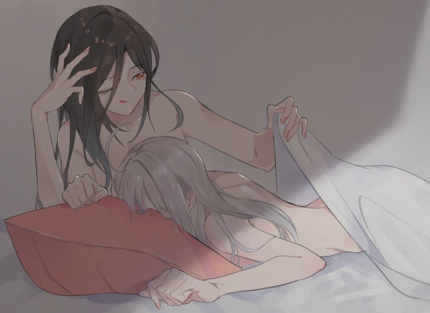 2girls ahoge arm_support back bed bed_sheet blush brown_hair completely_nude ear_blush eyelashes face_in_pillow fingernails grey_background grey_hair hair_between_eyes implied_after_sex indoors knightym22 lifting_covers long_hair looking_to_the_side lying multiple_girls nail_polish nijisanji nude on_bed on_stomach one_eye_closed pillo pillow pink_nails red_eyes shadow sheet_grab shirayuki_tomoe sukoya_kana virtual_youtuber yuri