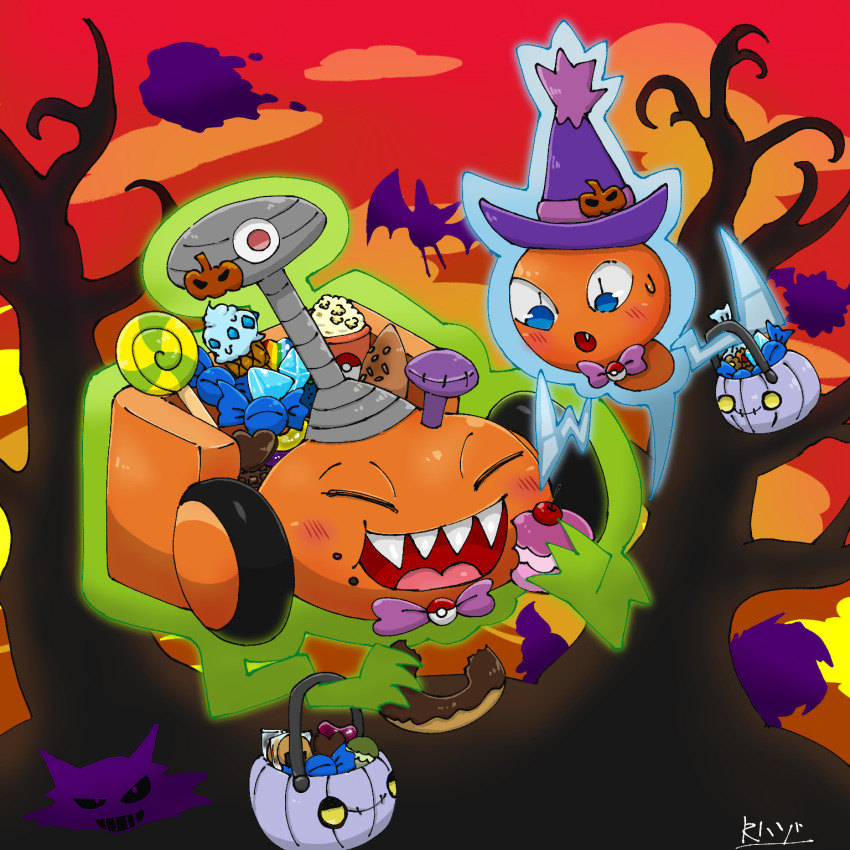 akumusighost bare_tree blue_eyes blush candy candy_wrapper chandelure closed_eyes cloud commentary_request eating food food_on_face gen_4_pokemon gen_5_pokemon halloween halloween_bucket highres lollipop nintendo no_humans open_mouth outdoors pokemon pokemon_(creature) rotom rotom_(mow) rotom_(normal) sharp_teeth sky sweatdrop teeth tongue tree upper_teeth_only