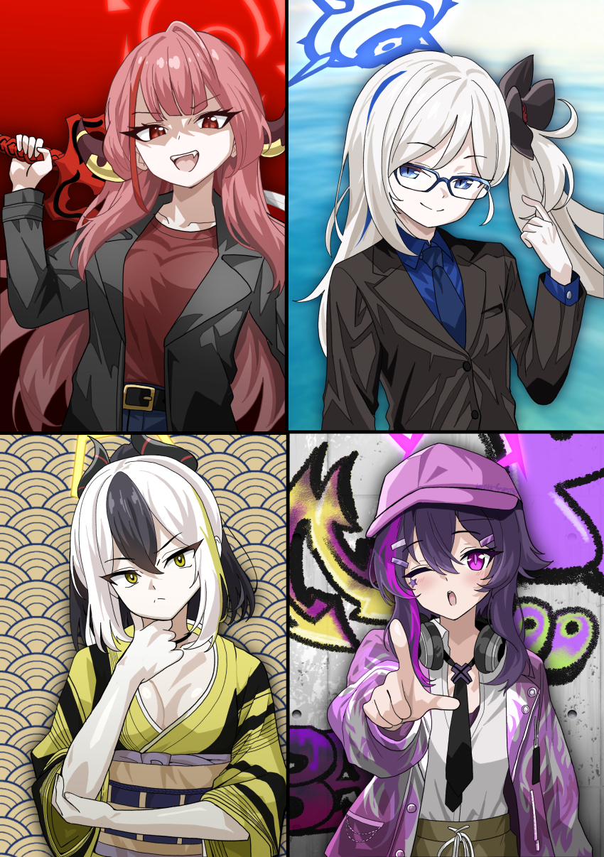 4girls absurdres alternate_costume alternate_hair_color aru_(blue_archive) blue_archive blue_eyes blue_halo commentary_request crossover glasses halo haruka_(blue_archive) highres kamen_rider kamen_rider_den-o_(series) kayoko_(blue_archive) kintaros momotaros multicolored_hair multiple_girls mutsuki_(blue_archive) nogawa_serori possessed possession problem_solver_68_(blue_archive) purple_eyes purple_halo red_eyes red_halo ryutaros tagme two-tone_hair urataros yellow_eyes yellow_halo