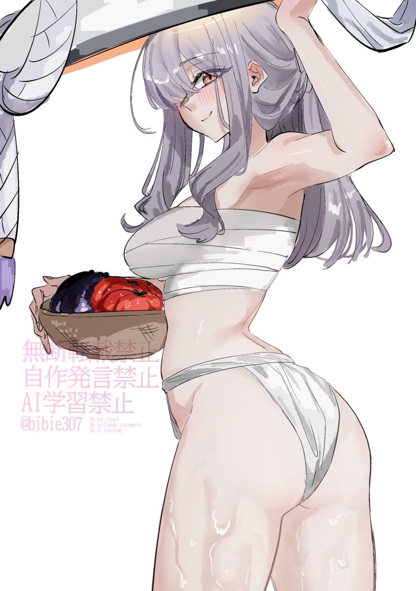 1girl armpits ass basket bibie307 breasts chest_sarashi commentary_request fundoshi goddess_of_victory:_nikke grey_hair highres holding holding_basket japanese_clothes large_breasts large_hat long_hair midriff sarashi scarlet_(nikke) simple_background smile white_background yellow_eyes