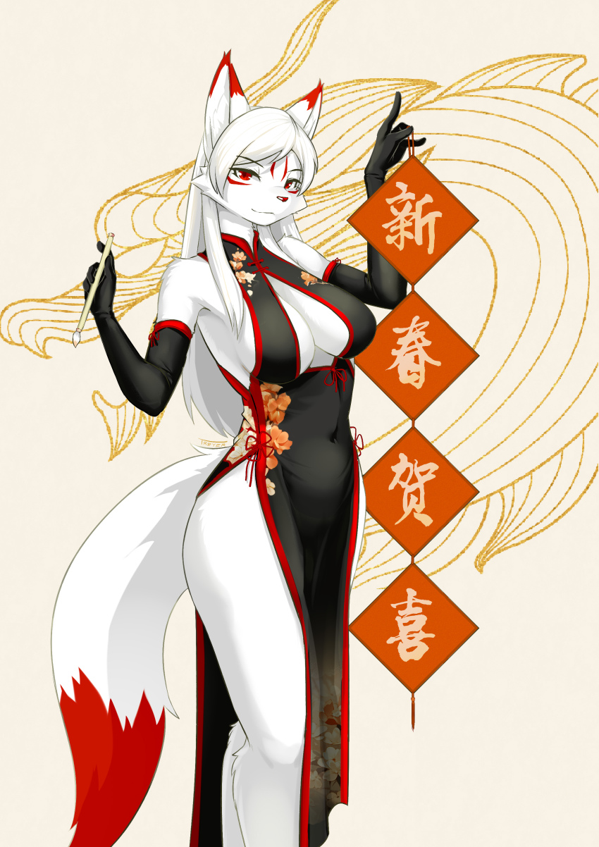 1girl absurdres animal_ears breasts china_dress chinese_clothes cleavage closed_mouth dress fox_ears fox_girl fox_tail highres holding holding_brush large_breasts looking_at_viewer no_bra no_panties original red_eyes simple_background smile solo tail treyer