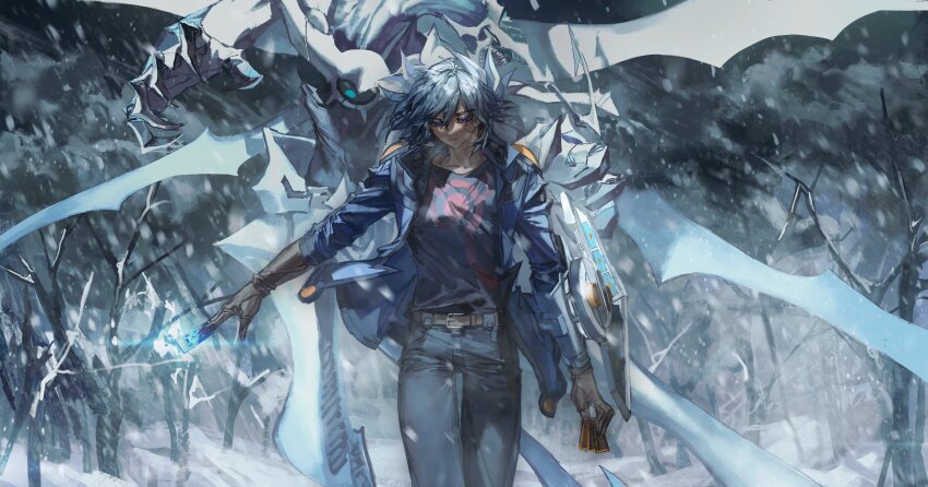 1boy absurdres bad_link belt belt_pouch black_hair black_shirt blizzard blue_eyes blue_jacket brown_belt brown_footwear brown_gloves card closed_eyes dappled_sunlight denim dragon duel_disk duel_monster elbow_gloves elbow_pads facial_mark facing_viewer flying forest fudo_yusei gloves grey_sky highres holding holding_card jacket jeans knee_pads looking_down male_focus mecha mechanical_arms mechanical_legs mechanical_tail mechanical_wings momentcorefly nature open_clothes open_jacket outdoors outstretched_arms pants popped_collar pouch robot shirt shooting_quasar_dragon shoulder_pads sky sleeveless sleeveless_shirt snow snowing source_request spiked_hair sunlight tail tree walking_towards_viewer wind wings winter yu-gi-oh! yu-gi-oh!_5d&#039;s
