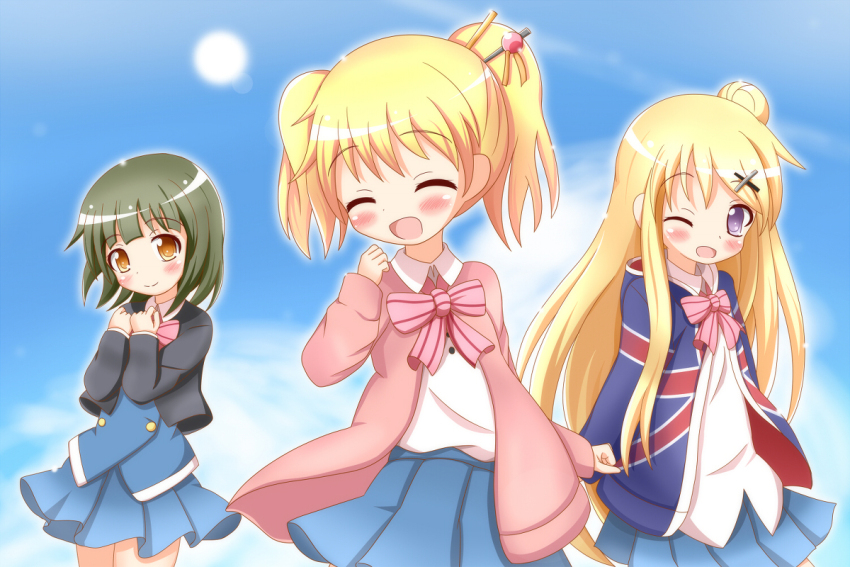3girls alice_cartelet blonde_hair blue_skirt blush brown_eyes closed_eyes closed_mouth day dot_nose feet_out_of_frame female_focus green_hair hair_ornament kin-iro_mosaic kujou_karen long_hair long_sleeves looking_at_viewer multiple_girls one_eye_closed oomiya_shinobu open_clothes open_sweater outdoors pink_sweater purple_eyes school_uniform serafuku short_hair skirt sky standing sun sweater xenon_(for_achieve)