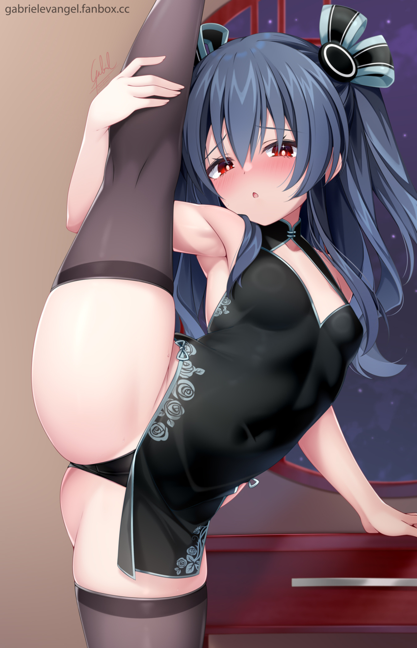 1girl alternate_costume arm_support balancing bare_shoulders black_dress black_hair black_panties blush breasts china_dress chinese_clothes commentary_request dress flexible floral_print_dress gabriel_evangel hair_between_eyes hair_ribbon hand_up highres holding_own_leg leg_up legs long_hair looking_at_viewer neptune_(series) open_mouth panties red_eyes ribbon skindentation sleeveless sleeveless_dress small_breasts solo split standing standing_on_one_leg standing_split thighhighs thighs underwear uni_(neptunia) upskirt watermark web_address