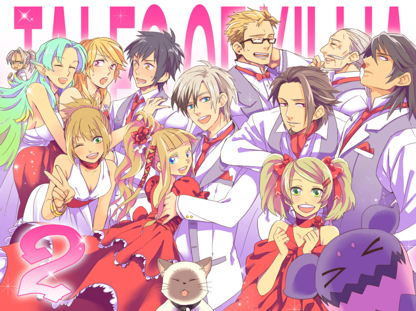 &gt;_&lt; 5girls 6+boys alternate_costume alternate_hairstyle alvin_(tales) bad_id bad_pixiv_id black_hair blonde_hair blue_eyes blue_hair brown_eyes brown_hair cat copyright_name doll dress elize_lutus elle_mel_martha closed_eyes flower gaius_(tales) glasses gradient_hair green_eyes green_hair hair_flower hair_ornament ivar_(tales) jude_mathis julian_will_kresnik leia_rolando long_hair ludger_will_kresnik rollo_(tales) md5_mismatch milla_(fractured) multicolored_hair multiple_boys multiple_girls muzet_(tales) noeru_(soul64) red_eyes rowen_j._ilbert short_hair tales_of_(series) tales_of_xillia tales_of_xillia_2 teepo_(tales) twintails two-tone_hair v white_background white_hair