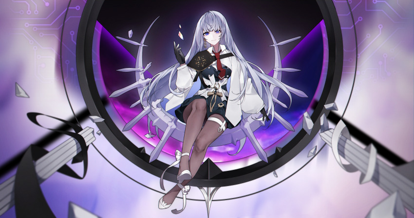 1girl 230819 absurdres arcaea black_bow black_bowtie black_eyes black_hair blonde_hair bow bowtie breasts flower full_body hair_between_eyes heterochromia highres insight_(arcaea) long_hair looking_at_viewer medium_breasts multicolored_bow multicolored_hair red_eyes red_ribbon ribbon shirt shoes sidelocks sleeve_cuffs two-tone_hair upper_body very_long_hair white_background white_bow white_flower white_petals white_shirt white_shoes white_sleeves