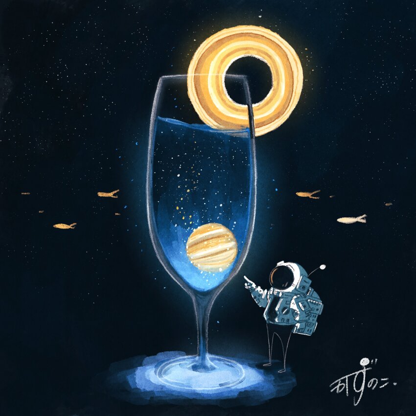 1other absurdres artist_name astronaut champagne_flute cocktail commentary cup drink drinking_glass fish flying_fish food_focus gloves glowing helmet highres kazunoko_(kazunoko_zunoco) original planet planetary_ring pointing radio_antenna saturn_(planet) signature solo space space_helmet spacesuit standing star_(sky) white_gloves