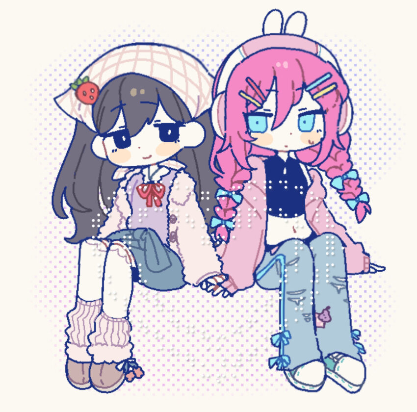 2girls animal_ear_headphones animal_ears ankle_boots ankle_socks aqua_shoes arm_support arms_at_sides artist_request aubrey_(birthday)_(omori) aubrey_(faraway)_(omori) aubrey_(omori) back-to-back black_eyes black_hair black_shirt blue_bow blue_eyes blue_hakama blue_pants boots bow braid breasts bright_pupils brown_boots buttons closed_mouth collared_shirt commentary_request commission crop_top cropped_shirt deformed denim dot_nose double-parted_bangs eye_contact fake_animal_ears full_body fur_jacket hair_behind_ear hair_between_eyes hair_bow hair_ornament hakama hakama_shorts halftone halftone_background hand_on_another&#039;s_hand headphones headscarf hood hood_down hooded_jacket invisible_chair jacket jacket_partially_removed japanese_clothes jeans jitome korean_commentary long_hair long_sleeves looking_at_another looking_back loose_socks low_twin_braids mari_(birthday)_(omori) mari_(faraway)_(omori) mari_(omori) midriff multiple_girls navel neck_ribbon official_alternate_costume official_alternate_hairstyle omori open_clothes open_jacket over-kneehighs pale_skin pants pink_hair pink_jacket pink_socks puffy_long_sleeves puffy_sleeves rabbit_ear_headphones rabbit_ears red_ribbon ribbed_socks ribbon second-party_source shirt shoes shorts simple_background sitting skirt sleeveless sleeveless_shirt sleeves_past_wrists small_breasts smile sneakers socks socks_over_thighhighs straight_hair thighhighs torn_clothes torn_jeans torn_pants twin_braids very_long_hair white_headscarf white_pupils white_thighhighs yellow_background