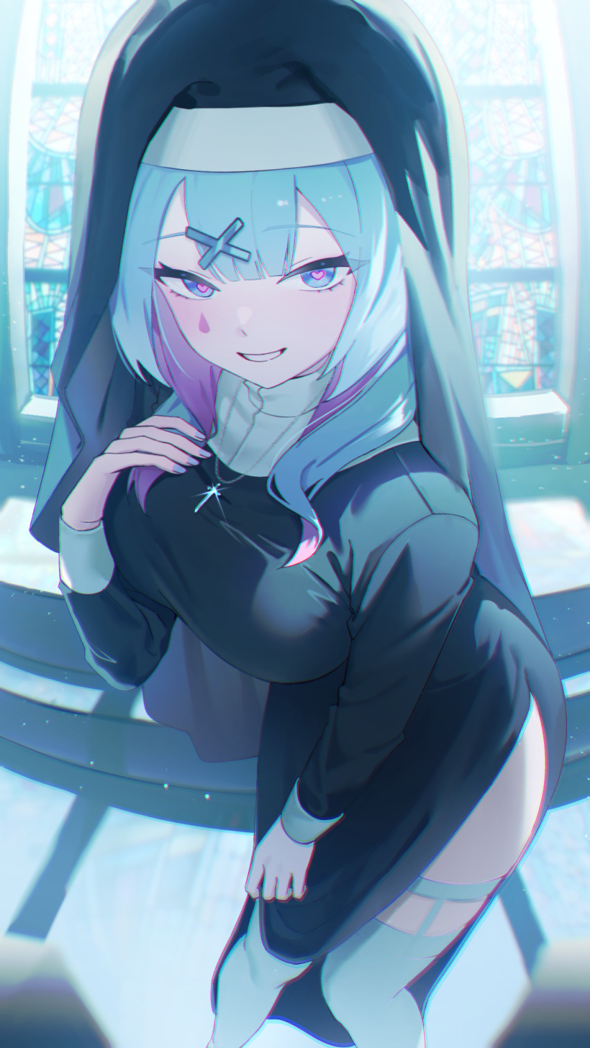 1girl aqua_hair black_dress blue_eyes breasts chromatic_aberration church colored_inner_hair cross cross_necklace dress from_above grin habit hand_up hatsune_miku heart heart-shaped_pupils highres indoors jewelry large_breasts long_hair long_sleeves multicolored_hair necklace nun nundi purple_hair rabbit_hole_(vocaloid) smile solo standing symbol-shaped_pupils teardrop_facial_mark thighhighs vocaloid white_thighhighs
