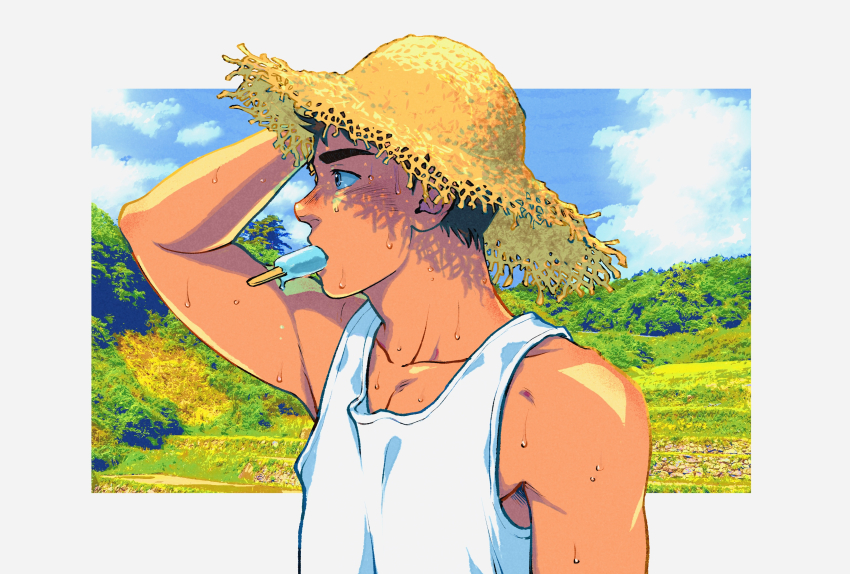 1boy 3kaku_mimi absurdres arm_up black_hair blue_giant day food hat highres male_focus miyamoto_dai mouth_hold outdoors popsicle shirt short_hair sleeveless sleeveless_shirt straw_hat sun_hat sweat tan thick_eyebrows upper_body white_shirt