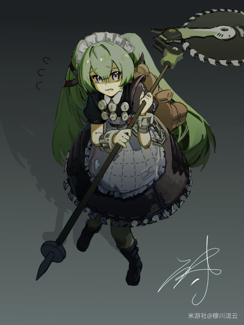 1girl absurdres animal_bag apron bear_bag black_boots black_dress boots chain circular_saw commentary_request corin_wickes dress flying_sweatdrops full_body green_hair grey_background hair_between_eyes highres holding holding_weapon knee_boots long_hair looking_at_viewer maid maid_apron maid_headdress miyoushe_watermark muchuanliuyun open_mouth puffy_short_sleeves puffy_sleeves purple_eyes saw screw_hair_ornament shadow short_sleeves signature simple_background solo sweatdrop twintails watermark weapon zenless_zone_zero