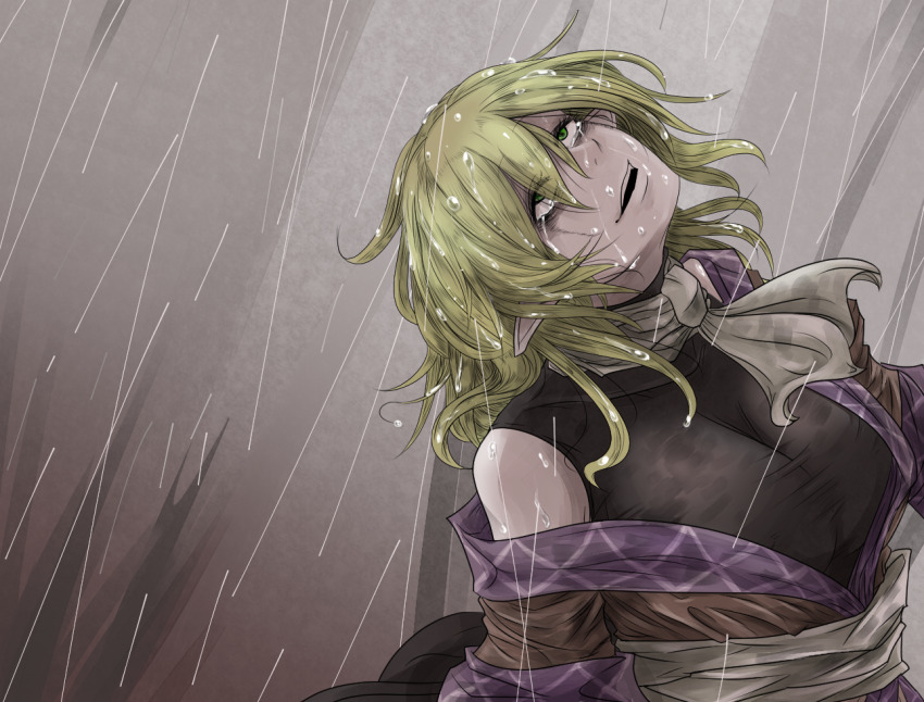 1girl bags_under_eyes black_shirt blonde_hair breasts brown_shirt commentary_request eyes_visible_through_hair green_eyes grey_background hair_between_eyes long_bangs looking_up medium_breasts medium_hair mizuhashi_parsee open_mouth pointy_ears rain scarf sei_no_ji shirt short_sleeves smile solo touhou upper_body white_scarf