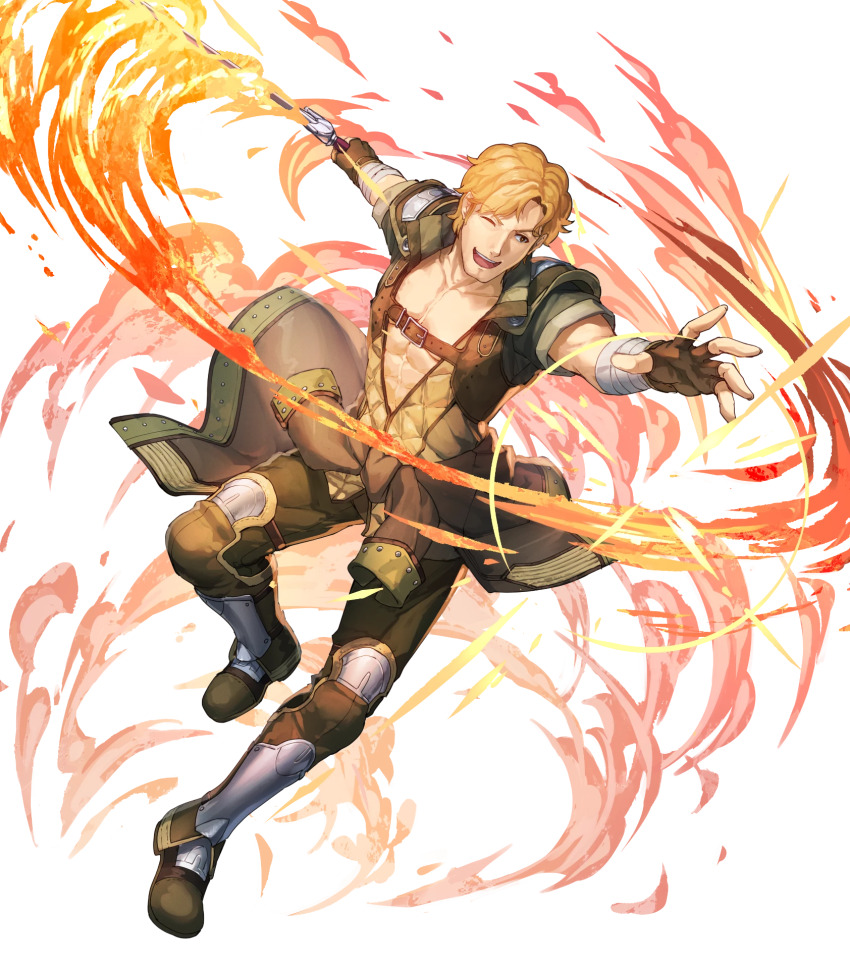 1boy abs attack bandaged_arm bandages blonde_hair brown_gloves dai-xt dust fingerless_gloves fire_emblem fire_emblem_echoes:_shadows_of_valentia fire_emblem_heroes gloves highres holding holding_sword holding_weapon jesse_(fire_emblem) male_focus nintendo non-web_source official_art one_eye_closed open_mouth parted_bangs pectoral_cleavage pectorals shoulder_pads smile solo sword wavy_hair weapon