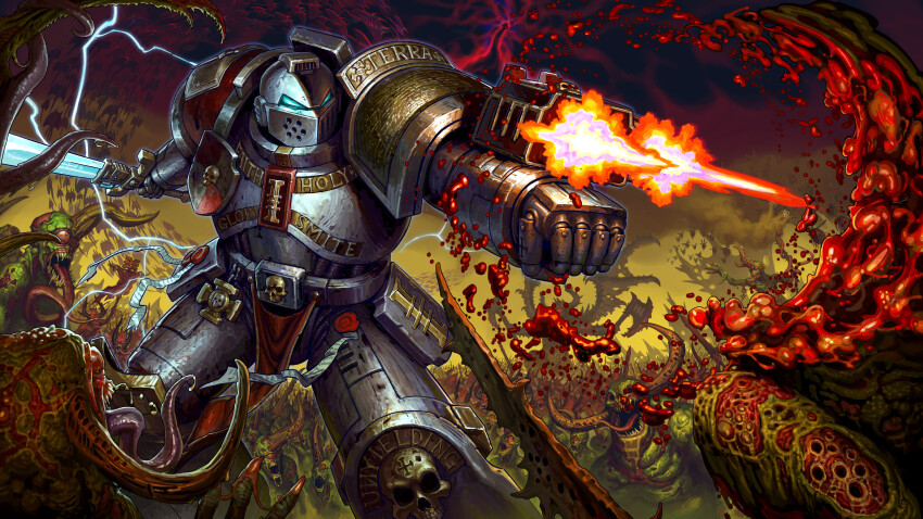 1boy absurdres adeptus_astartes armor artofwill asymmetrical_dual_wielding axe blood blue_eyes chaos_(warhammer) commentary cyclops demon_horns dual_wielding english_commentary english_text firing gas grey_knight highres holding holding_axe holding_sword holding_weapon horns knight monster one-eyed open_mouth organs power_armor power_sword science_fiction sharp_teeth single_horn skull solo_focus sword teeth terminator_armor tongue tongue_out warhammer_40k weapon