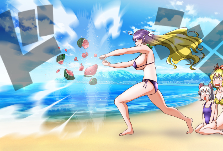 3girls alternate_costume animal_ears animal_print beach bead_necklace beads bikini blindfold blonde_hair blue_sky breaking breasts building clenched_hands cloud competition_swimsuit day energy_blast floating_hair flower food forest from_side fruit hair_between_eyes hair_flower hair_ornament hijiri_byakuren hotel inlet jewelry jpeg_artifacts kneeling large_breasts long_hair medium_breasts motion_blur mouse_ears multicolored_hair multiple_girls nature nazrin necklace no_pupils ocean one-piece_swimsuit outdoors outline prayer_beads profile punching purple_bikini purple_hair scared shiraue_yuu short_hair silver_hair sitting sky small_breasts smile solid_circle_eyes solo_focus sound_effects string_bikini striped_bikini striped_clothes suikawari summer surprised sweatdrop swimsuit tiger_print toramaru_shou touhou tree two-tone_hair very_long_hair wariza watermelon waves yellow_bikini