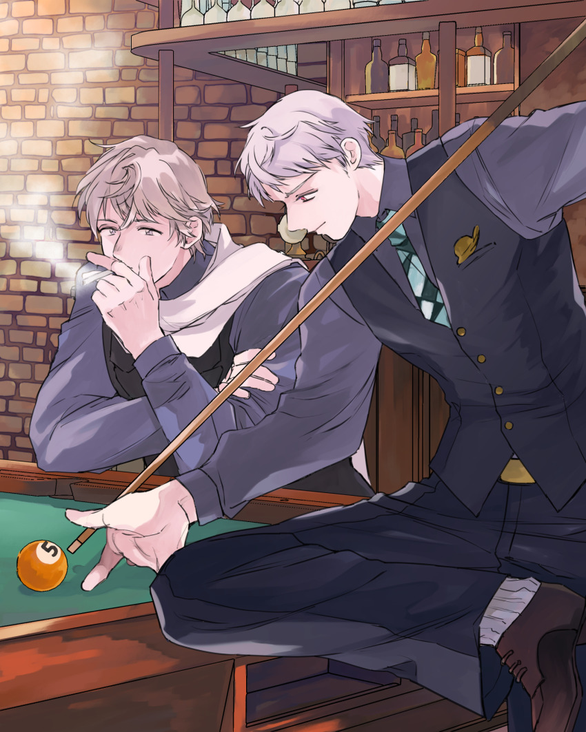 2boys axis_powers_hetalia ball between_fingers billiard_ball black_pants black_vest blue_necktie bottle brick_wall brown_shoes buttons cigarette closed_mouth collared_shirt commentary_request cup drinking_glass goro_nyanko grey_hair grey_shirt hair_between_eyes highres holding holding_cigarette holding_stick indoors lapels long_sleeves looking_at_object looking_down male_focus multiple_boys necktie pants pool_table prussia_(hetalia) purple_eyes red_eyes russia_(hetalia) scarf shirt shoes short_hair sitting smile smoke smoking socks stick table vest white_scarf white_socks wine_bottle wine_glass