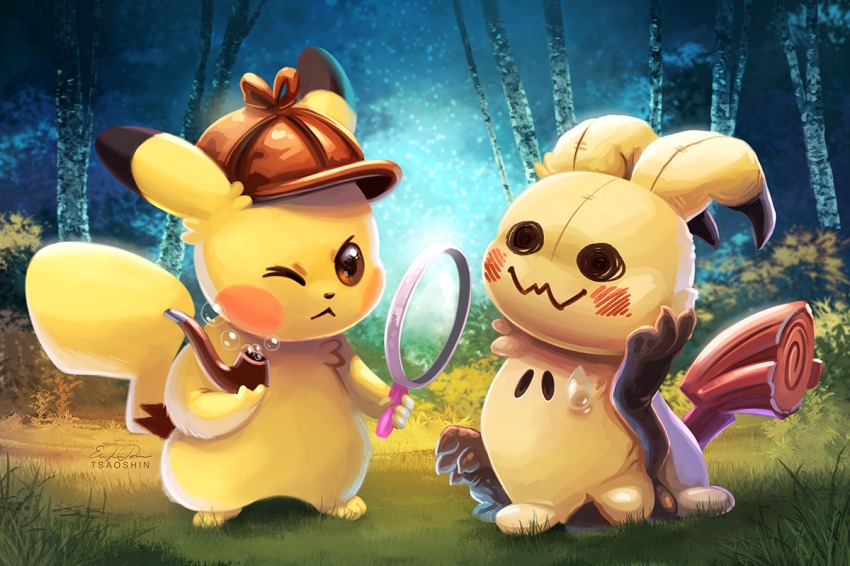 brown_eyes clothed_pokemon detective_pikachu_(character) detective_pikachu_(game) detective_pikachu_(series) eric_proctor gen_1_pokemon gen_7_pokemon holding holding_magnifying_glass holding_smoking_pipe magnifying_glass mimikyu nintendo one_eye_closed outdoors pikachu pokemon pokemon_(creature) smoking_pipe