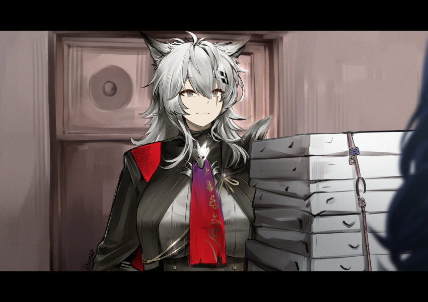 1girl :3 absurdres aiguillette animal_ears arknights black_jacket blurry bolo_tie breasts closed_mouth commentary english_commentary glint grey_eyes grey_hair hair_between_eyes highres irkawaza jacket lappland_(arknights) lappland_the_decadenza_(arknights) large_breasts letterboxed long_hair out_of_frame scar scar_across_eye scar_on_face smile solo_focus wolf_ears wolf_girl