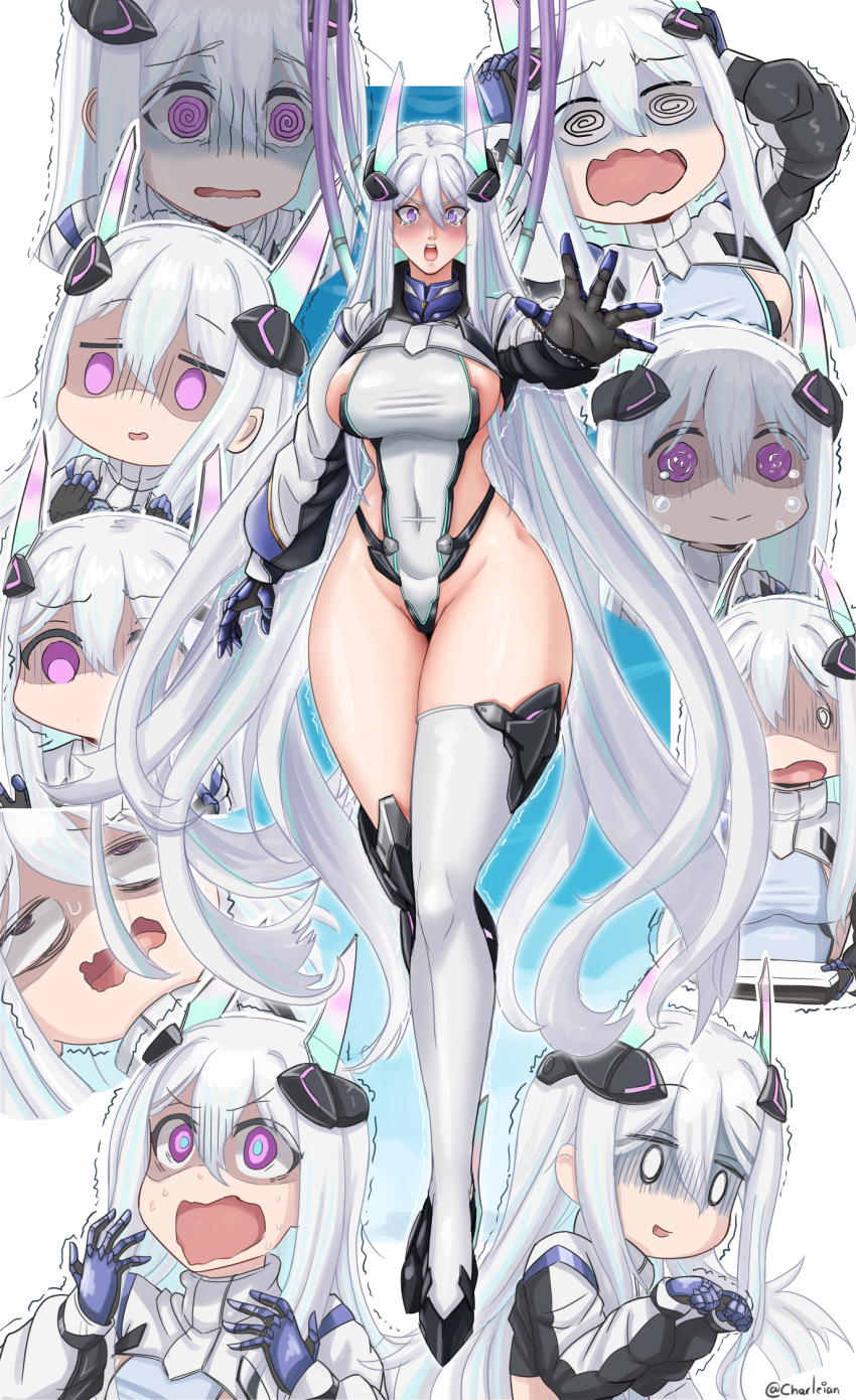 1girl @_@ aoyama_yoshino azur_lane black_gloves bocchi_the_rock! breasts charleian commentary covered_navel crossed_legs full_body gloves gotoh_hitori groin hair_between_eyes headgear highleg highleg_leotard highres kearsarge_(azur_lane) large_breasts leotard long_hair looking_at_viewer multicolored_leotard multiple_expressions open_mouth purple_eyes rudder_footwear shrug_(clothing) sideboob sidelocks single_thighhigh skindentation standing sweat taut_leotard tears thighhighs trembling turn_pale twitter_username two-tone_leotard very_long_hair voice_actor_connection watson_cross white_hair white_leotard white_shrug white_thighhighs