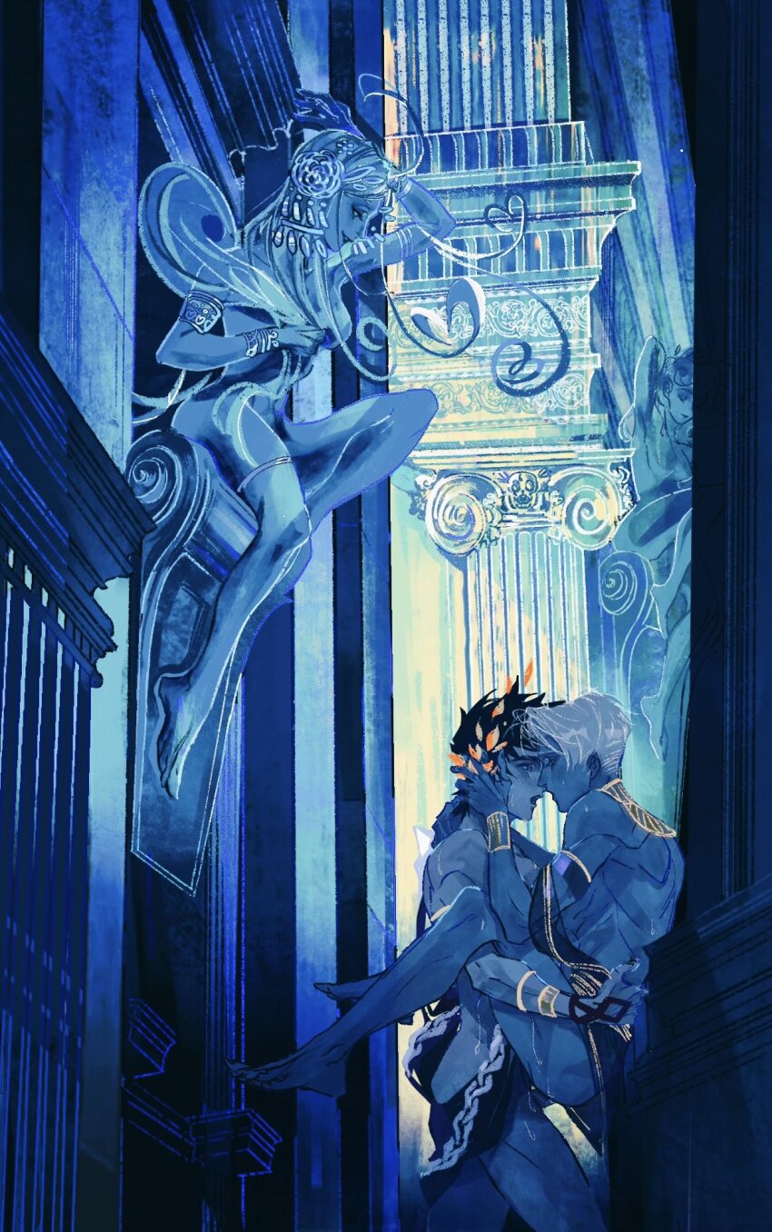 1girl 2boys against_wall anal aphrodite_(hades) architecture arm_behind_head arm_up armlet barefoot black_hair blue_theme blush bracelet breasts commentary completely_nude couple english_commentary erection eye_contact feet_out_of_frame floating_hair flower greco-roman_architecture greco-roman_clothes hades_(series) hades_1 hair_flower hair_ornament hand_on_another&#039;s_face hand_on_another&#039;s_neck heart heart-shaped_hair highres jewelry large_breasts laurel_crown limited_palette long_hair looking_at_another looking_down male_focus male_penetrated multiple_boys necklace nude open_mouth penis pillar sex short_hair smile statue suspended_congress sweat thanatos_(hades) white_hair yaoi zagreus_(hades) zheyuanyuan