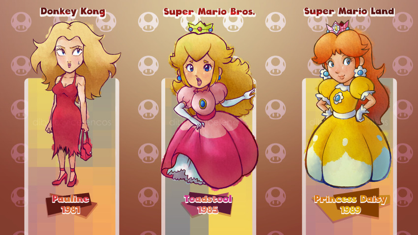 1981 1985 1989 3girls angry blonde_hair blue_eyes breasts brown_hair character_name cleavage copyright_name crown dibujosvicelencos donkey_kong_(1981_game) donkey_kong_(series) dress earrings elbow_gloves flower_earrings gloves gradient_background grin hand_on_own_hip hands_on_own_hips happy high_heels jewelry long_hair looking_at_viewer mario_(series) multiple_girls nervous nintendo orange_dress orange_hair pauline_(mario) pink_dress princess_daisy princess_peach puffy_short_sleeves puffy_sleeves red_dress red_footwear retro_artstyle running short_sleeves sleeveless sleeveless_dress smile standing super_mario_bros._1 super_mario_land sweat sweatdrop tomboy torn_clothes torn_dress white_gloves yellow_dress